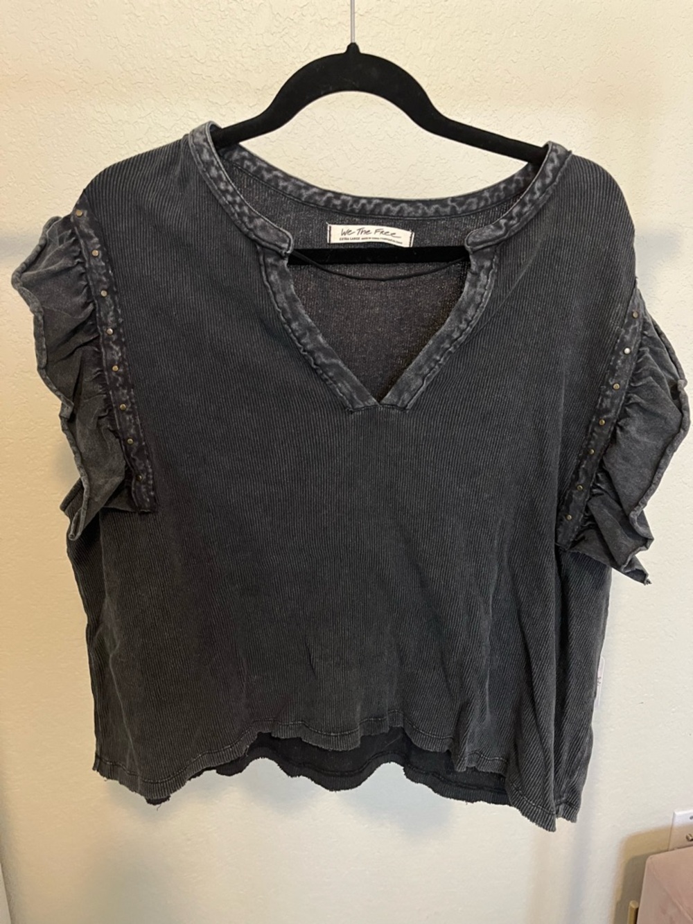 We The Free Washed Black Short Sleeve V-Neck with Ruffle Sleeves